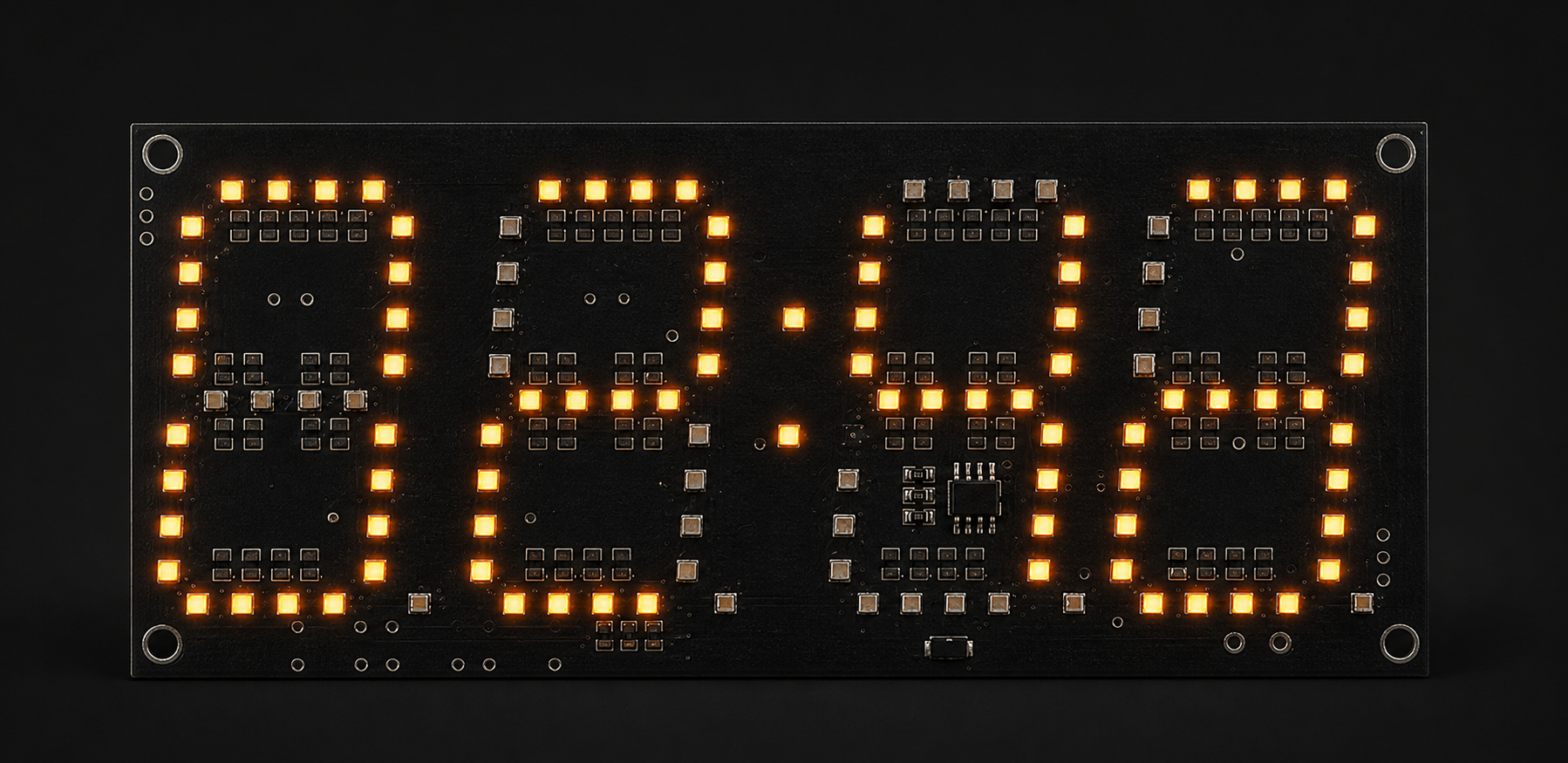 CMT-CLOCK หน้าปัด LED สี่หลักบนแผงวงจรสีดำ แสดงแสงสีส้ม